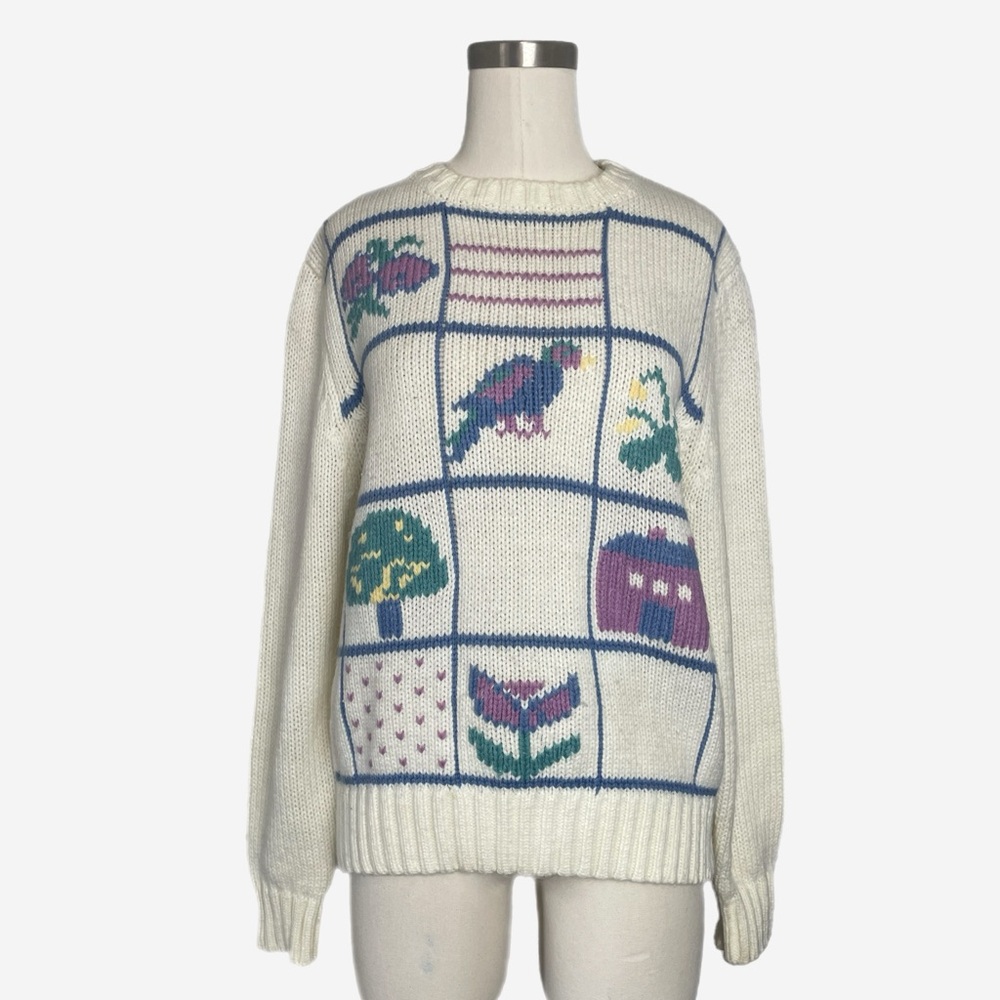 Vintage 90s Country Suburbans white sweater floral cottage grannycore mom S/M